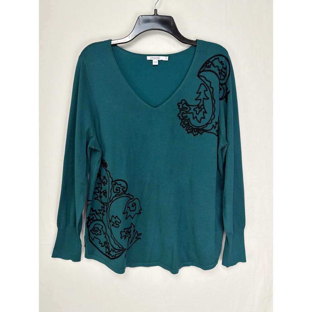 Chico's Women Sweater L Teal Green Embroidered V-Neck Long Sleeve Knit Top
